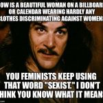 Indigo Montoya | HOW IS A BEAUTIFUL WOMAN ON A BILLBOARD OR CALENDAR WEARING HARDLY ANY CLOTHES DISCRIMINATING AGAINST WOMEN? YOU FEMINISTS KEEP USING THAT WORD "SEXIST." I DON'T THINK YOU KNOW WHAT IT MEANS. | image tagged in indigo montoya | made w/ Imgflip meme maker