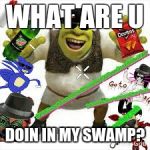 mlg shrek | WHAT ARE U; DOIN IN MY SWAMP? | image tagged in mlg shrek | made w/ Imgflip meme maker