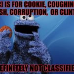Cookie Monster Hungry Games | [C] IS FOR COOKIE, COUGHING, CASH, CORRUPTION,  OR CLINTON; DEFINITELY NOT CLASSIFIED | image tagged in cookie monster hungry games | made w/ Imgflip meme maker