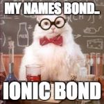 Science Cat | MY NAMES BOND.. IONIC BOND | image tagged in science cat | made w/ Imgflip meme maker