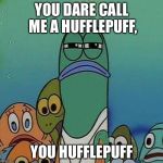 Awkward Random Man Stare | YOU DARE CALL ME A HUFFLEPUFF, YOU HUFFLEPUFF | image tagged in awkward random man stare | made w/ Imgflip meme maker