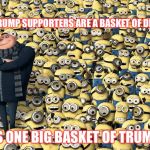 Despicable me | CLINTON: " TRUMP SUPPORTERS ARE A BASKET OF DEPLORABLES!"; ...BUT IT'S ONE BIG BASKET OF TRUMP VOTES! | image tagged in despicable me | made w/ Imgflip meme maker