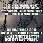 Dark trees  | IT DOESN'T MATTER HOW YOU GOT SOBER...
WHETHER IT WAS GOD 
-12 STEP PROGRAM
- JAIL OR REHAB...
WHAT MATTERS IS THAT YOU'RE CLEAN; AND THAT TAKES A LOT OF COURAGE...
BE PROUD OF YOURSELF & NEVER FORGET THE DAY YOU DECIDED TO SAVE YOUR LIFE... | image tagged in dark trees | made w/ Imgflip meme maker