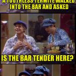 Two Wild And Crazy Guys! | A TOOTHLESS TERMITE WALKED INTO THE BAR AND ASKED; IS THE BAR TENDER HERE? | image tagged in two wild and crazy guys,bar,funny meme,laughs,jokes,snl | made w/ Imgflip meme maker