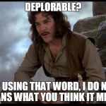 Princess Bride | DEPLORABLE? YOU KEEP USING THAT WORD, I DO NOT THINK IT MEANS WHAT YOU THINK IT MEANS..... | image tagged in princess bride | made w/ Imgflip meme maker