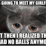 Sad Cat | I WAS GOING TO MEET MY GIRLFRIEND; BUT THEN I REALIZED THAT I HAD NO BALLS ANYMORE | image tagged in sad cat | made w/ Imgflip meme maker