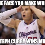 Blake Griffin confused | THE FACE YOU MAKE WHEN; STEPH CURRY WINS MVP | image tagged in blake griffin confused | made w/ Imgflip meme maker