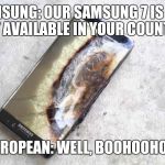 Being Eurotrash can be a blessing... | SAMSUNG: OUR SAMSUNG 7 IS NOT YET AVAILABLE IN YOUR COUNTRY. EUROPEAN: WELL, BOOHOOHOO! | image tagged in samsung,note7,melting | made w/ Imgflip meme maker