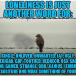 We can't all be cookie cutter chic...I prefer to be the cookie that got dropped on the floor... | LONELINESS IS JUST ANOTHER WORD FOR:; SINGLE, UNLOVED, UNWANTED, FAT, UGLY, AMERICAN, GAP-TOOTHED, REDNECK, OLD, SAGGY, POOR, GAMER, STRANGE, ODD...GENIUS. (EMBRACE YOUR SOLITUDE AND MAKE SOMETHING OF YOURSELF.) | image tagged in lonely,memes,sad,single,genius,loneliness | made w/ Imgflip meme maker