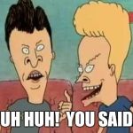When you need to put someone's mind in the gutter | HUH HUH!  YOU SAID... | image tagged in beavis  butt-head he said,beavis and butthead | made w/ Imgflip meme maker
