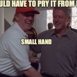 Pry It From My Cold, Dead Hands | YOU WOULD HAVE TO PRY IT FROM MY COLD; SMALL HAND | image tagged in trump and bill clinton,nra,cold dead hands,handjob,small hands | made w/ Imgflip meme maker