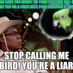 Brian is sick of deregulation telemarketers | I CAN SAVE YOU MONEY ON YOUR ELECTRIC BILL BY PUTTING YOU ON A FIXED RATE PLAN THROUGH A SUPPLIER; STOP CALLING ME BIRD! YOU'RE A LIAR! | image tagged in that bird's a liar,brian fellows,memes,tracy morgan | made w/ Imgflip meme maker