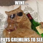 Wine Cat Birthday | WINE ... IT PUTS GREMLINS TO SLEEP | image tagged in wine cat birthday | made w/ Imgflip meme maker