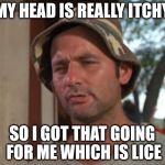 So i got that going for me which is nice | MY HEAD IS REALLY ITCHY; SO I GOT THAT GOING FOR ME WHICH IS LICE | image tagged in so i got that going for me which is nice | made w/ Imgflip meme maker