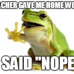 Nope Frog | TEACHER GAVE ME HOME WORK; I SAID "NOPE" | image tagged in nope frog | made w/ Imgflip meme maker