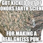 Gneiss Puns | GOT KICKED OUT OF HONORS EARTH SCIENCE; FOR MAKING A REAL GNEISS PUN... | image tagged in gneiss puns,nice,gneiss,rock,science,pun | made w/ Imgflip meme maker
