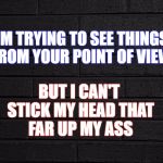Your Point Of View | BUT I CAN'T STICK MY HEAD THAT FAR UP MY ASS; I'M TRYING TO SEE THINGS FROM YOUR POINT OF VIEW | image tagged in stick it up your ass,your point of view stinks,head up ass | made w/ Imgflip meme maker