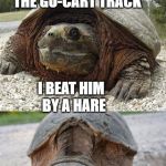 The tortoise and the bunny | I RACED A RABBIT LAST NIGHT AT THE GO-CART TRACK; I BEAT HIM  BY A HARE | image tagged in bad pun tortoise,funny memes,tortoise,rabbit,bad pun | made w/ Imgflip meme maker