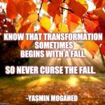 Transformation begins with a fall.  | KNOW THAT TRANSFORMATION SOMETIMES BEGINS WITH A FALL. SO NEVER CURSE THE FALL. -YASMIN MOGAHED | image tagged in fall leaves,transformation,autumn,inspirational memes,quotes,mogahed | made w/ Imgflip meme maker