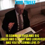 Trump on reddit | THIS TWEET; IS GONNA BE YUGE AND BIG LEAGUE AND ELEGANT AND LUXURIOUS AND YOU'RE GONNA LOVE IT | image tagged in trump on reddit | made w/ Imgflip meme maker