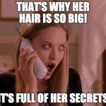 karen from mean girls | THAT'S WHY HER HAIR IS SO BIG! IT'S FULL OF HER SECRETS | image tagged in karen from mean girls | made w/ Imgflip meme maker