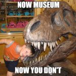 Jimmy's really getting into these exhibits! | NOW MUSEUM; NOW YOU DON'T | image tagged in dinosaur skull,museum,trex | made w/ Imgflip meme maker