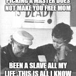 Blacks Not Voting | PICKING A MASTER DOES NOT MAKE YOU FREE MOM; BEEN A SLAVE ALL MY LIFE. THIS IS ALL I KNOW | image tagged in blacks not voting | made w/ Imgflip meme maker