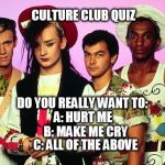 CULTURE CLUB QUIZ | CULTURE CLUB QUIZ; DO YOU REALLY WANT TO:; A: HURT ME; B: MAKE ME CRY; C: ALL OF THE ABOVE | image tagged in culture club quiz | made w/ Imgflip meme maker