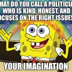 SpongeBob Imagination | WHAT DO YOU CALL A POLITICIAN WHO IS KIND, HONEST, AND FOCUSES ON THE RIGHT ISSUES? YOUR IMAGINATION | image tagged in spongebob,memes,funny,political,politicians,imagination | made w/ Imgflip meme maker