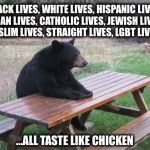 It's what's for dinner  | BLACK LIVES, WHITE LIVES, HISPANIC LIVES, ASIAN LIVES, CATHOLIC LIVES, JEWISH LIVES, MUSLIM LIVES, STRAIGHT LIVES, LGBT LIVES... ...ALL TASTE LIKE CHICKEN | image tagged in memes,bad luck bear,funny,chicken | made w/ Imgflip meme maker