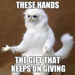 Cat With Hands | THESE HANDS; THE GIFT THAT KEEPS ON GIVING | image tagged in cat with hands | made w/ Imgflip meme maker