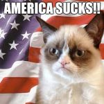 grumpy cat america | AMERICA SUCKS!! | image tagged in grumpy cat america | made w/ Imgflip meme maker