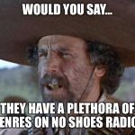 El Guapo | WOULD YOU SAY... THEY HAVE A PLETHORA OF GENRES ON NO SHOES RADIO? | image tagged in el guapo | made w/ Imgflip meme maker