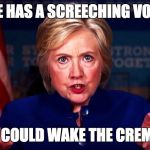 Hillary Clinton 50 points ahead | SHE HAS A SCREECHING VOICE; THAT COULD WAKE THE CREMATED | image tagged in hillary clinton 50 points ahead | made w/ Imgflip meme maker