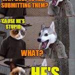Grumpy Cat and Bad Pun Dog | HARDLY ANYONE READS BECKETT'S MEMES.  SO WHY DOES HE KEEP SUBMITTING THEM? 'CAUSE HE'S STUPID; WHAT? HE'S STUPID! | image tagged in grumpy cat and bad pun dog | made w/ Imgflip meme maker