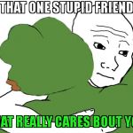 Pepe and TFW | THAT ONE STUPID FRIEND; THAT REALLY CARES BOUT YOU | image tagged in pepe and tfw | made w/ Imgflip meme maker