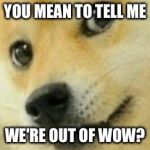 Skeptical Doge | YOU MEAN TO TELL ME; WE'RE OUT OF WOW? | image tagged in skeptical doge | made w/ Imgflip meme maker