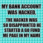 Plain boring | MY BANK ACCOUNT WAS HACKED, THE HACKER WAS SO DISAPPOINTED HE STARTED A GO FUND ME PAGE IN MY NAME | image tagged in plain boring | made w/ Imgflip meme maker