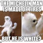 strange wtf cat | THE MICHELIN MAN IS MADE OF TIRES; BUT HE IS WHITE? | image tagged in strange wtf cat | made w/ Imgflip meme maker