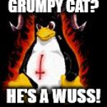 Demonic Penguin | GRUMPY CAT? HE'S A WUSS! | image tagged in demonic penguin,my templates challenge,grumpy cat,last week on overnights,evil penguin,linux | made w/ Imgflip meme maker