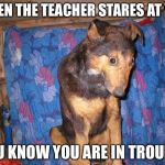 Depression dog mems | WHEN THE TEACHER STARES AT YOU; YOU KNOW YOU ARE IN TROUBLE | image tagged in depression dog mems | made w/ Imgflip meme maker