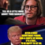 Deadpool-Trump-Meme | TELL US A LITTLE MORE ABOUT YOUR DAUGHTER. AFTER A BRIEF ADJUSTMENT PERIOD, AND A COUPLE OF DRINKS, IT’S A FACE… I’D BE HAPPY TO SIT ON. | image tagged in deadpool-trump-meme | made w/ Imgflip meme maker