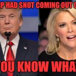 Megyn Vs. Trump | TRUMP HAD SNOT COMING OUT OF HIS; YOU KNOW WHAT | image tagged in megyn vs trump | made w/ Imgflip meme maker