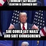 This is Yugge | I WOULDN'T SAY HILLARY CLINTON IS CROOKED BUT; SHE COULD EAT NAILS AND SHIT CORKSCREWS | image tagged in let's make a deal trump | made w/ Imgflip meme maker