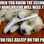 DogPhone | WHEN YOU KNOW THE SECOND YOU HANG UP YOU WILL MISS THEM; SO YOU FALL ASLEEP ON THE PHONE | image tagged in dogphone | made w/ Imgflip meme maker