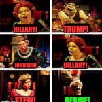 Shrek | TRUMP! HILLARY! HILLARY! JOHNSON! STEIN! BERNIE! | image tagged in shrek | made w/ Imgflip meme maker