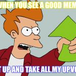 fry upvote | WHEN YOU SEE A GOOD MEME; SHUT UP AND TAKE ALL MY UPVOTES! | image tagged in fry upvote | made w/ Imgflip meme maker