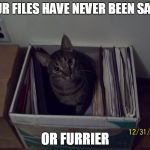 Secure Filing | YOUR FILES HAVE NEVER BEEN SAFER; OR FURRIER | image tagged in cat filing assistant | made w/ Imgflip meme maker