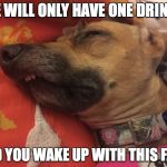 Drunk Face | WE WILL ONLY HAVE ONE DRINK... AND YOU WAKE UP WITH THIS FACE | image tagged in drunk dog,you're drunk,go home youre drunk,you were so drunk last night | made w/ Imgflip meme maker