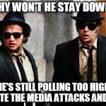 Blues Brothers wtf | WHY WON'T HE STAY DOWN? HE'S STILL POLLING TOO HIGH DESPITE THE MEDIA ATTACKS AND OURS | image tagged in blues brothers wtf | made w/ Imgflip meme maker